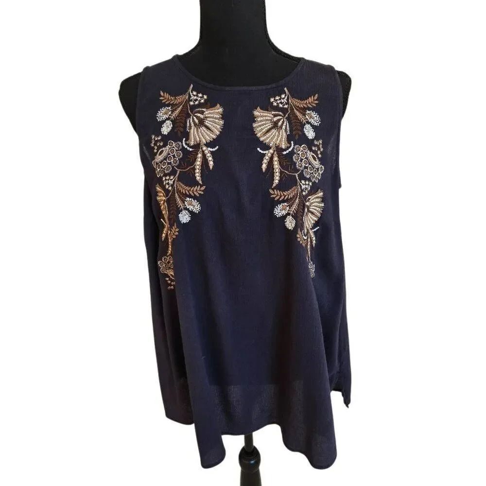J. Jill Womens Embroidered Sleeveless Keyhole Back Lightweight Top Navy Size SP